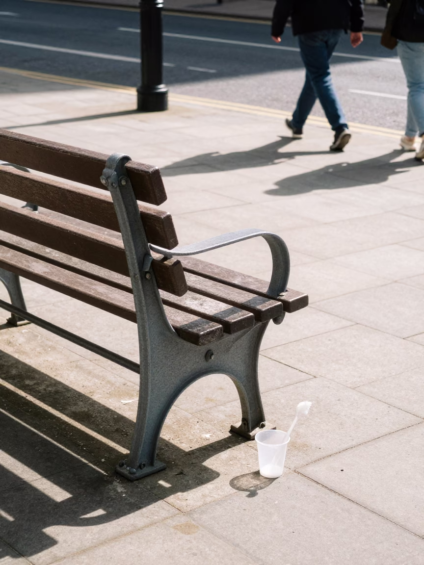 Candid Midday Street Scene in Liverpool with Scratched Bench and Urban Details in in Liverpool, United Kingdom