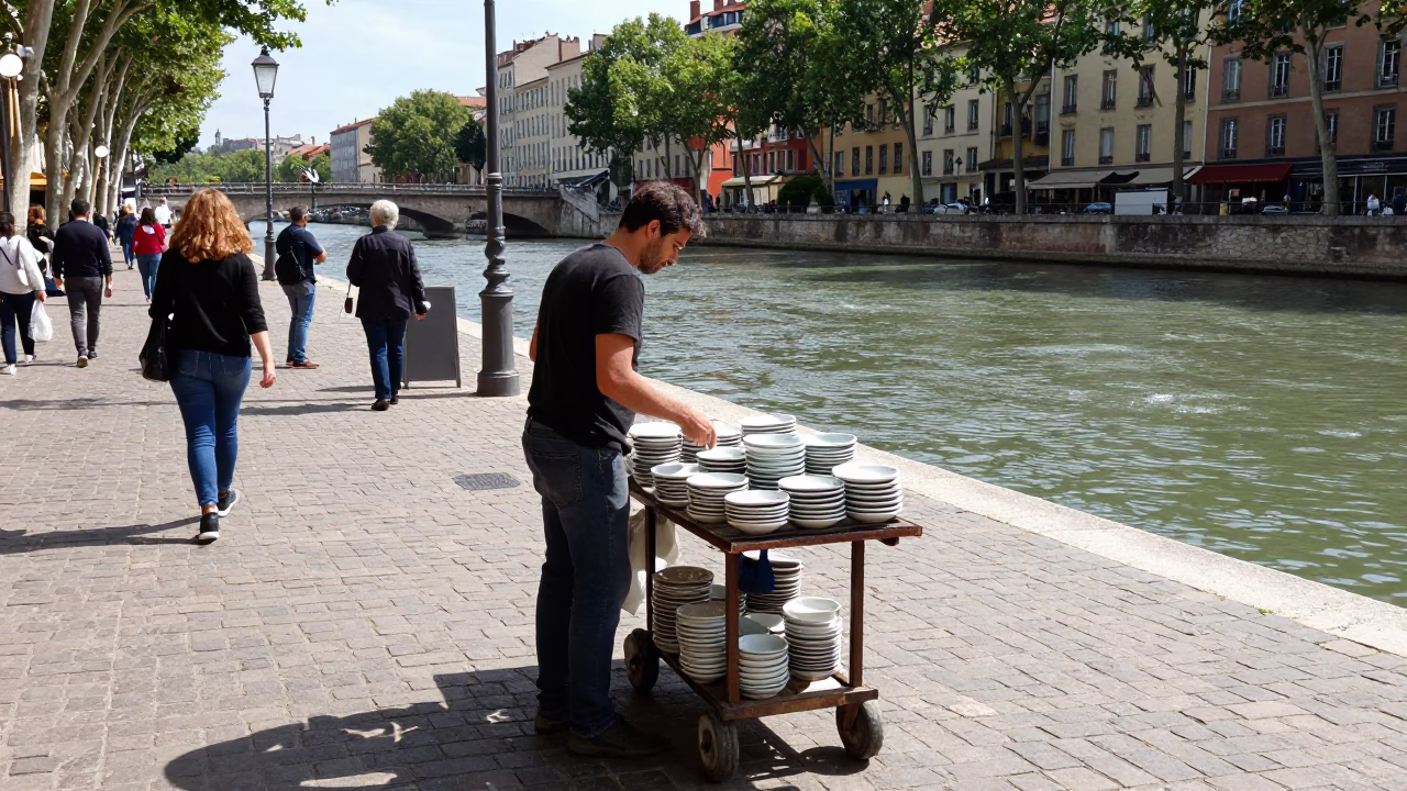 Candid Midday Street Scene in Lyon France with Saucers and Local Interaction in in Lyon, France