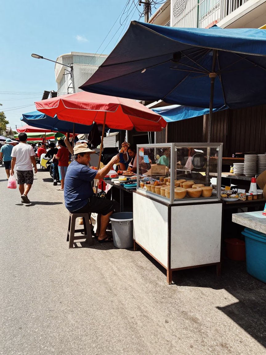 Candid midday street scene in Phuket Thailand with local market activity and tropical surroundings in in Phuket, Thailand