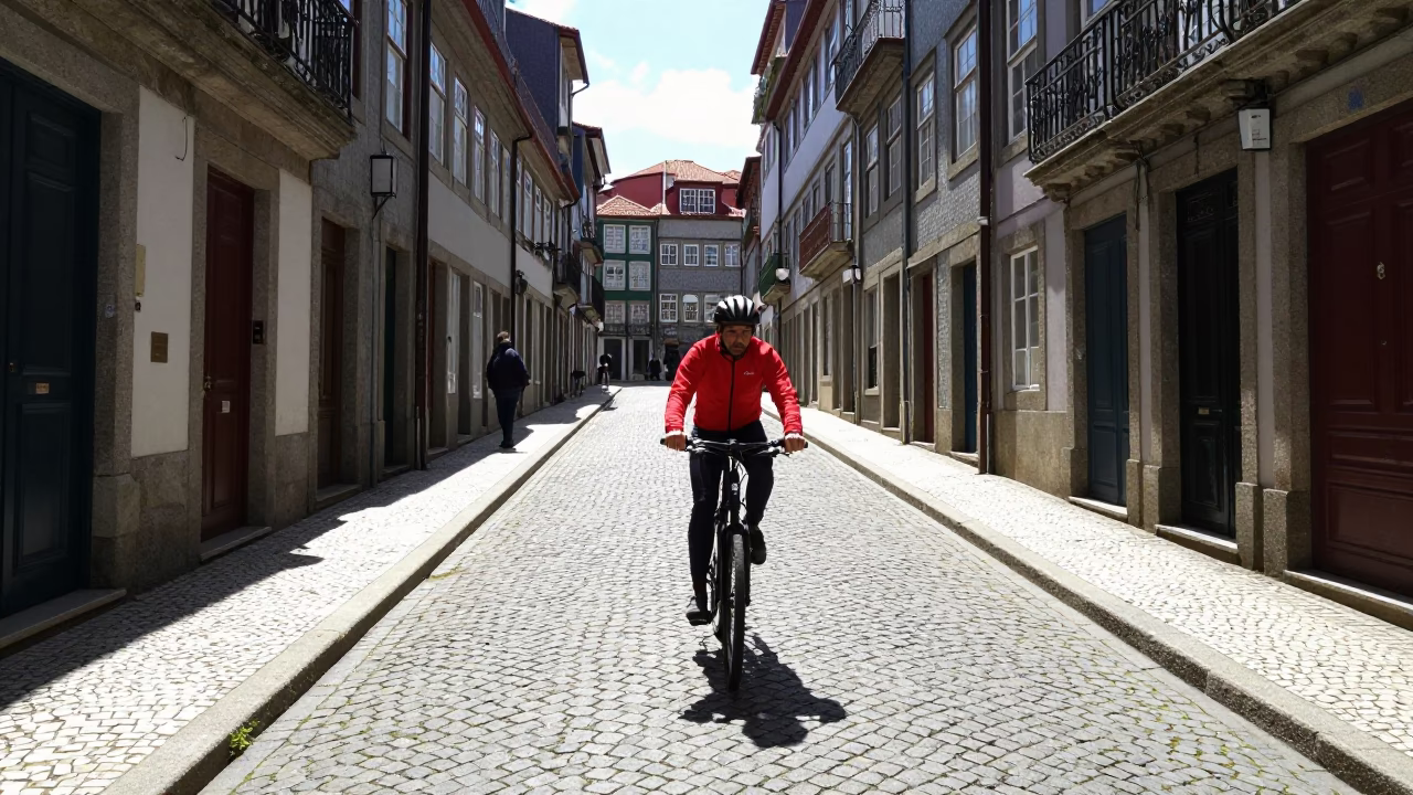 Candid Midday Street Scene in Porto Portugal with Cyclist and Local Life in in Porto, Portugal