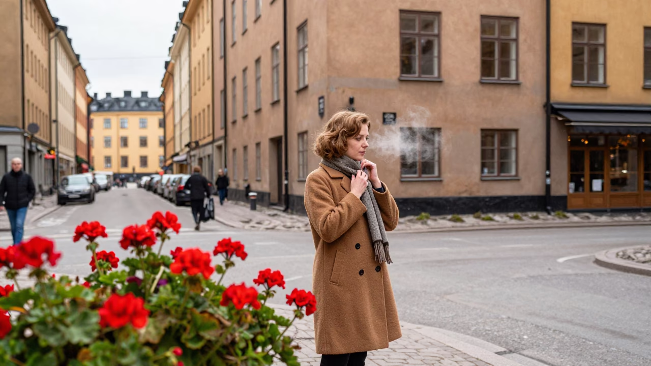 Candid Midday Street Scene in Stockholm Sweden with Geraniums in in Stockholm, Sweden