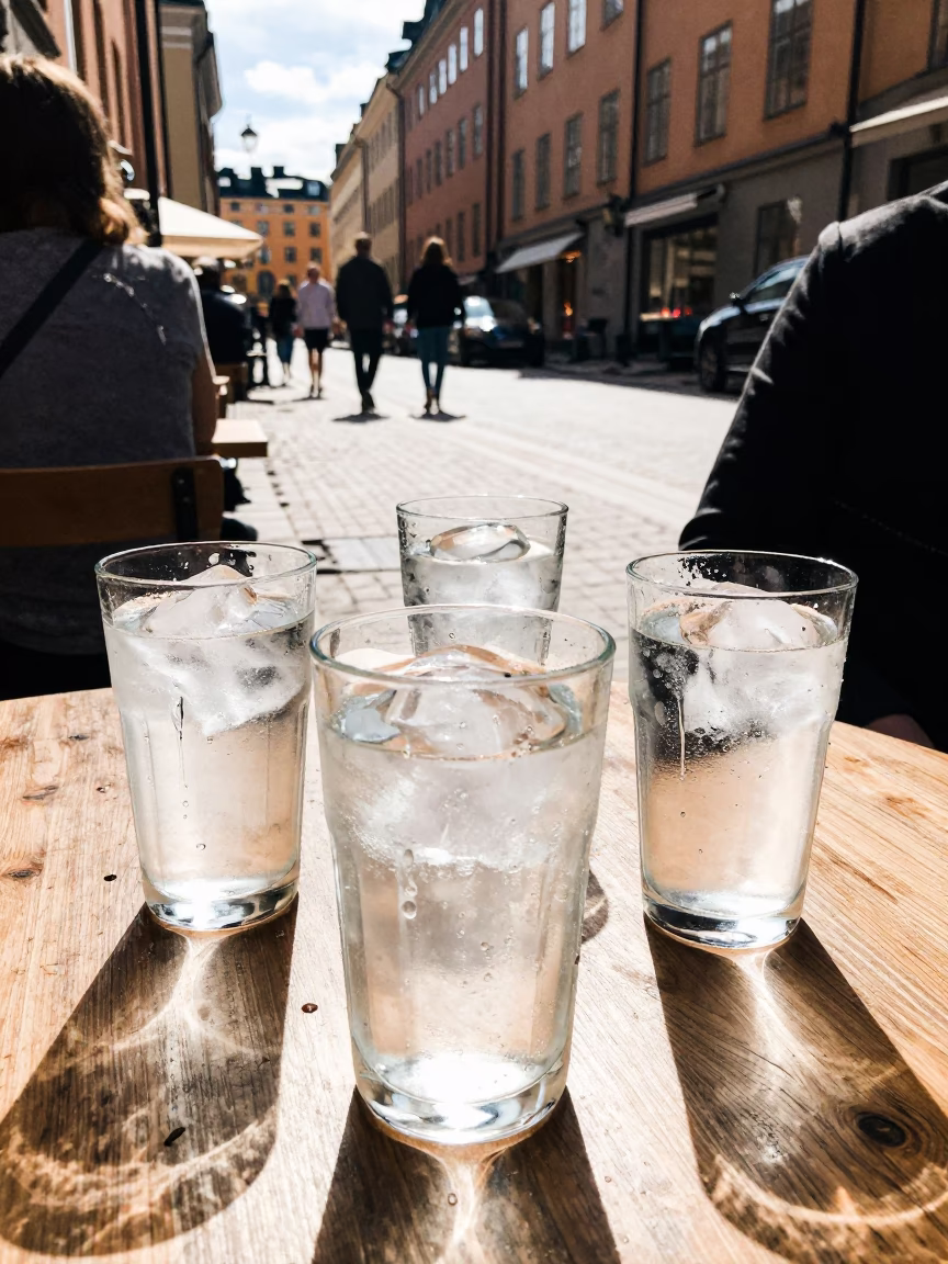 Candid Midday Street Scene in Stockholm Sweden with Glass Tumblers in in Stockholm, Sweden