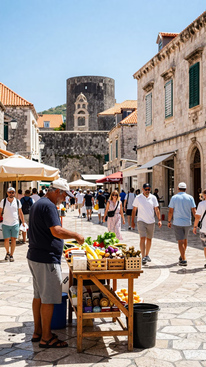 Candid Midmorning Life in Dubrovnik Croatia with Local Market Goods in in Dubrovnik, Croatia