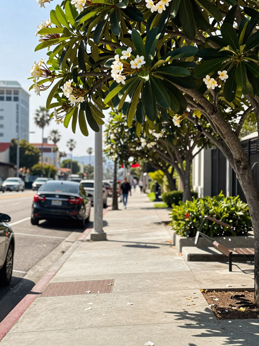 Candid Midmorning Los Angeles Street Scene with Plumeria Tree and White Petals in in Los Angeles, California, United States