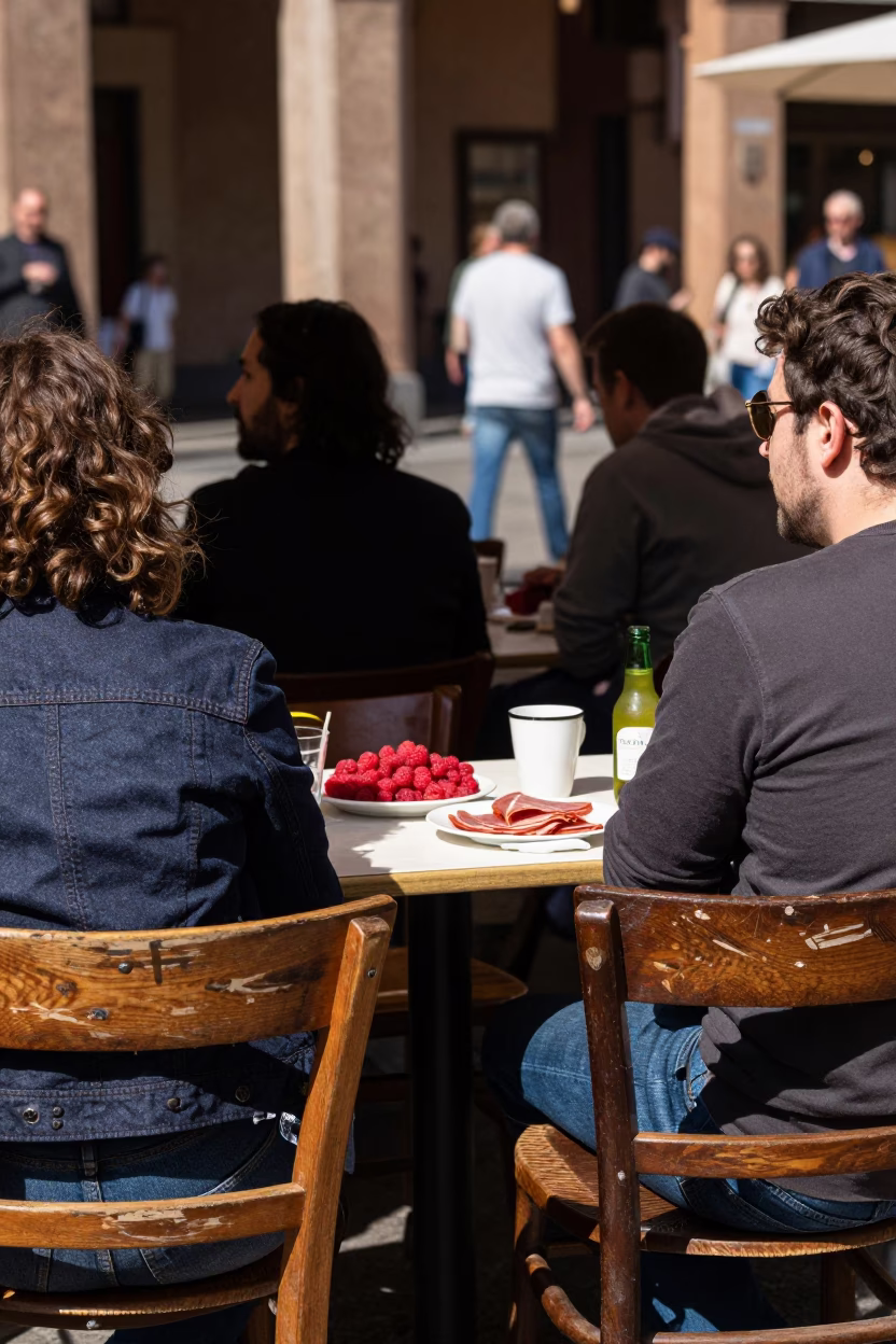 Candid Midmorning Snapshot of Bologna Street Life with Raspberries and Scratched Chair in in Bologna, Italy