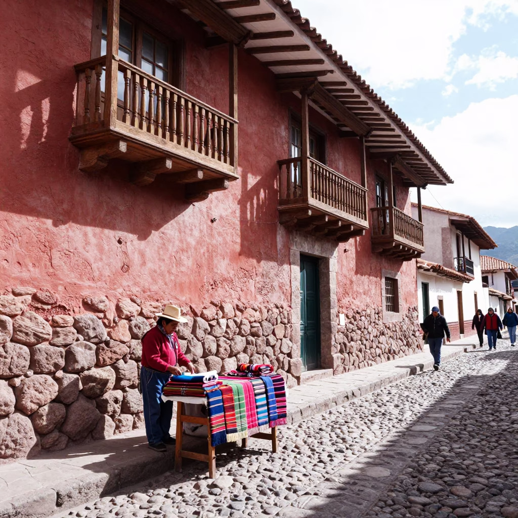 Candid Midmorning Street Scene in Cusco Peru with Local Vendor and Sunlight in in Cusco, Peru