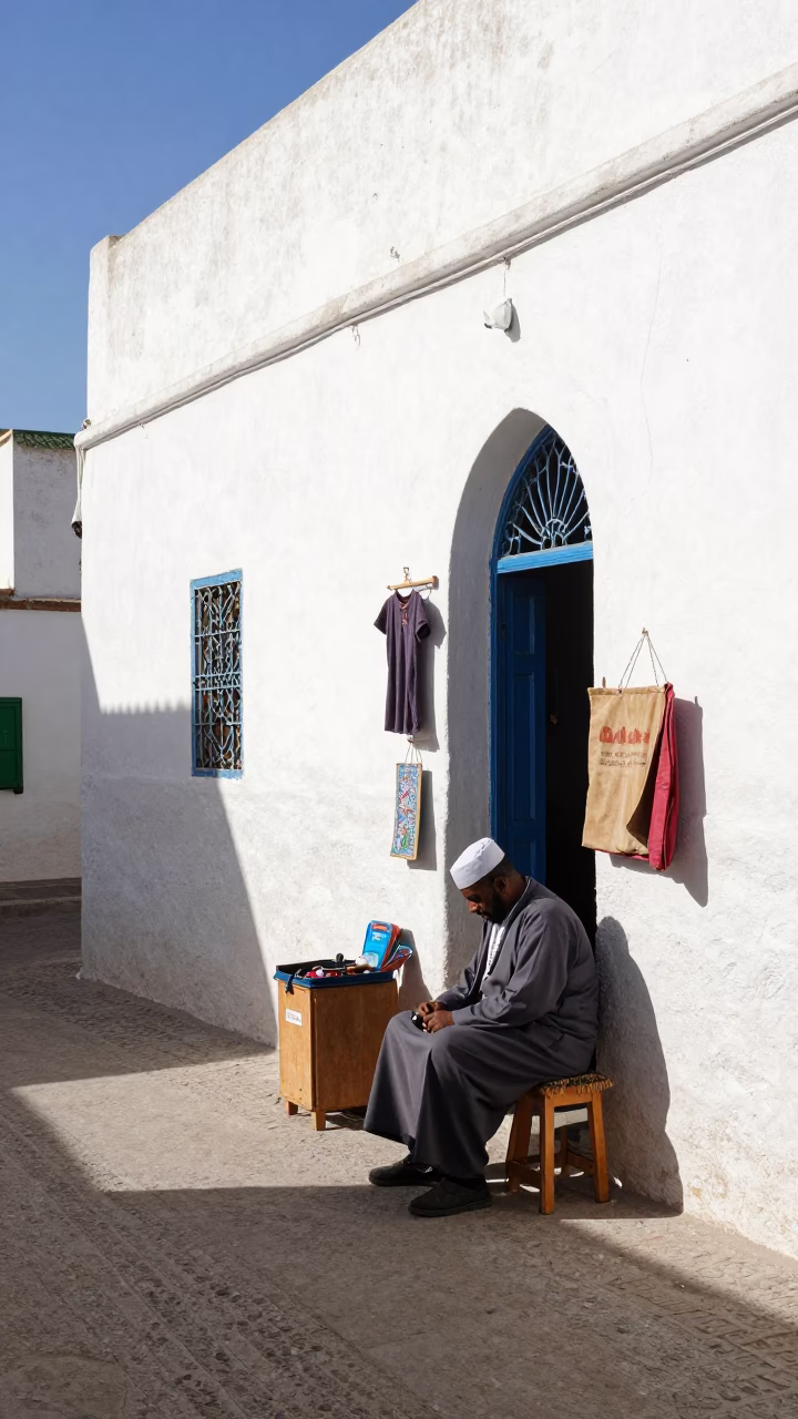 Candid Midmorning Street Scene in Essaouira Morocco with Local Artisan Details in in Essaouira, Morocco
