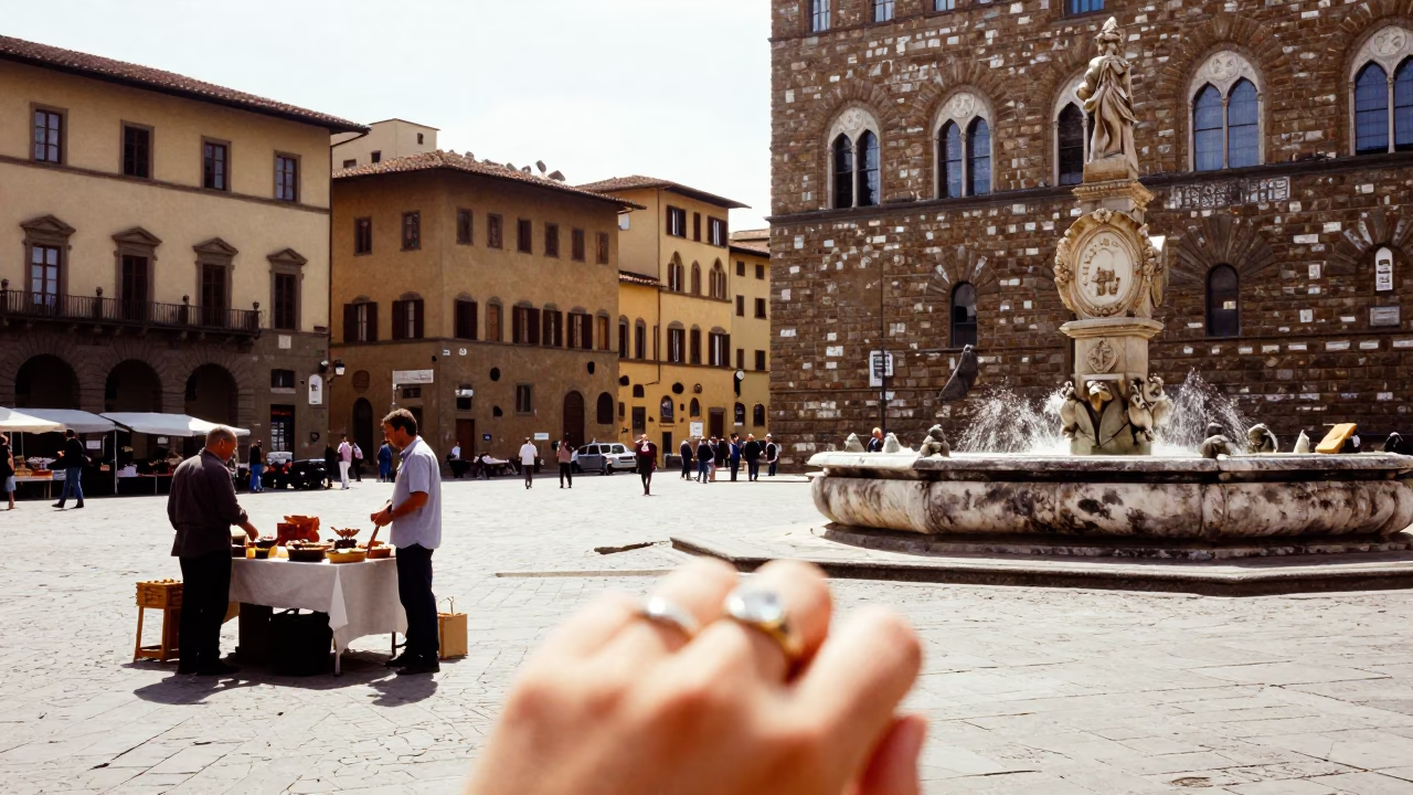 Candid Midmorning Street Scene in Florence Italy with Signet Ring and Linen Fringe Details in in Florence, Italy