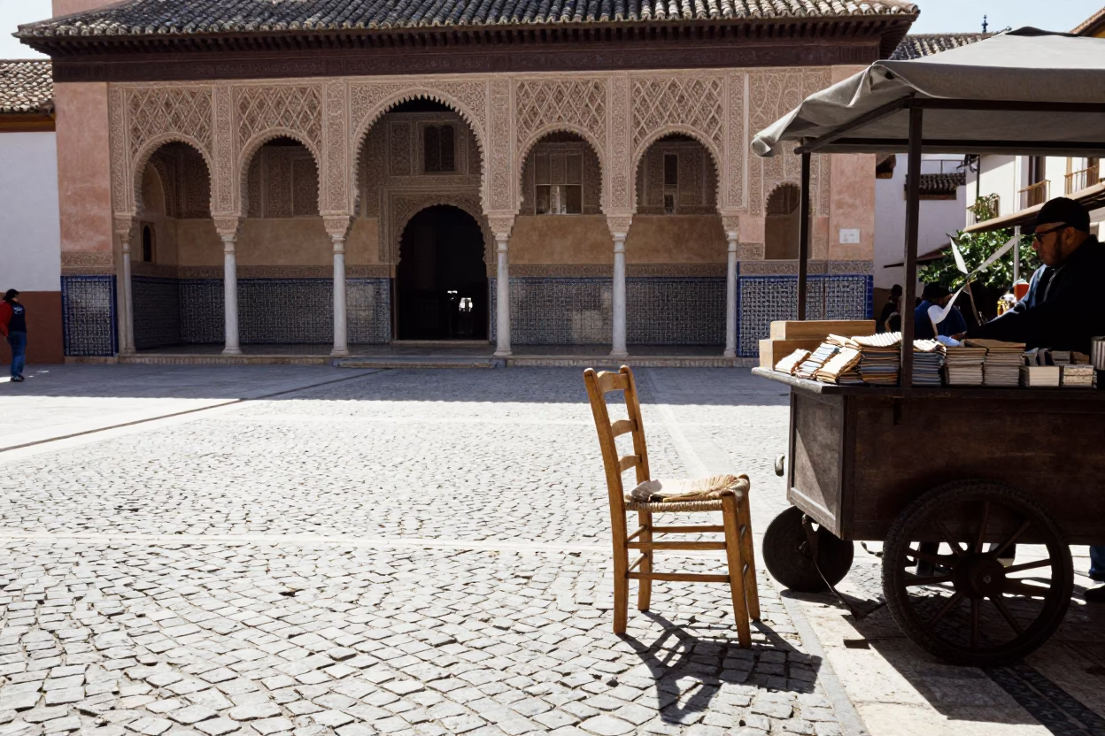 Candid Midmorning Street Scene in Granada Spain with Ladder Back Chair in in Granada, Spain