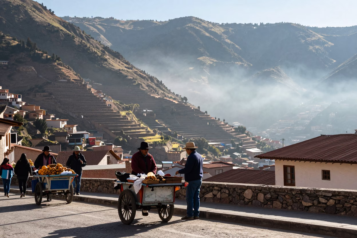 Candid Midmorning Street Scene in La Paz Bolivia with Rolling Carts and Morning Fog in in La Paz, Bolivia