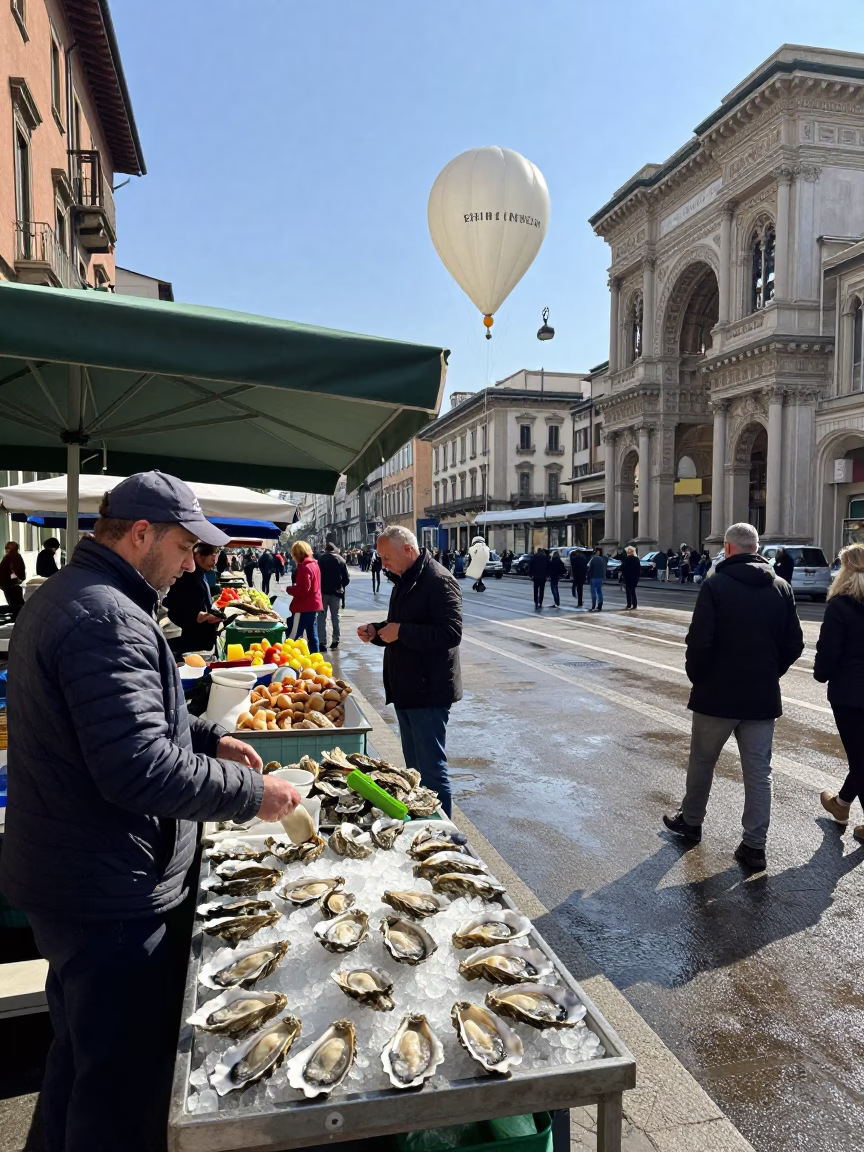 Candid Midmorning Street Scene in Milan Italy with Local Market Details and Historic Architecture in in Milan, Italy
