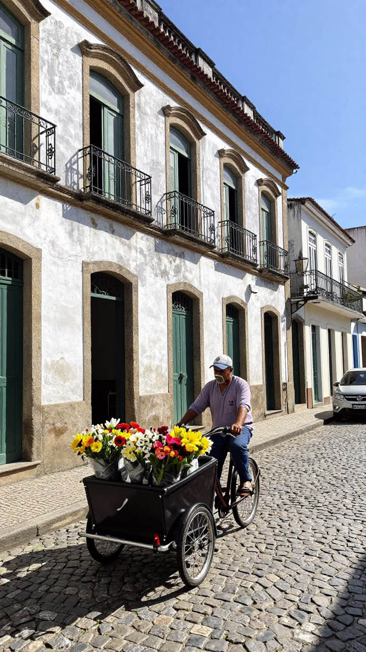 Candid Midmorning Street Scene in Rio de Janeiro Brazil with Cargo Bicycle and Flowers in in Rio de Janeiro, Brazil