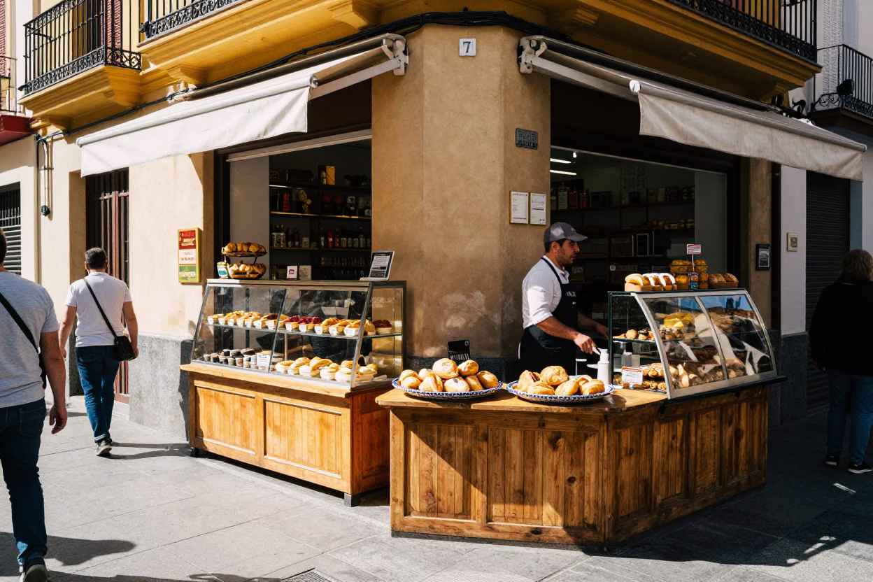 Candid Midmorning Street Scene in Valencia Spain with Local Bakery Display in in Valencia, Spain