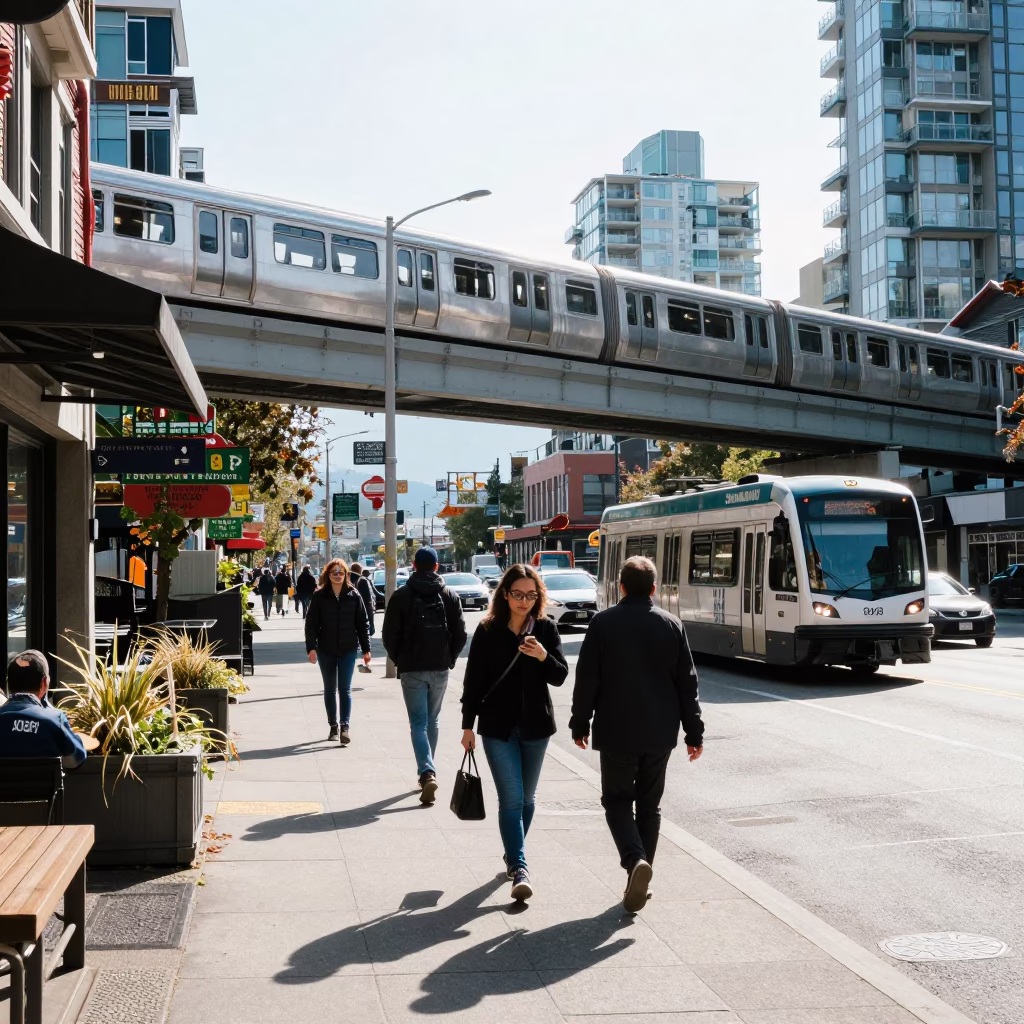 Candid Midmorning Street Scene in Vancouver British Columbia with Local Transit and Urban Greenery in in Vancouver, British Columbia, Canada