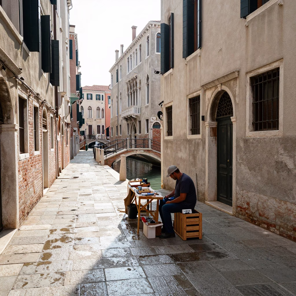 Candid Midmorning Street Scene in Venice Italy with Local Artisan and Notebook in in Venice, Italy