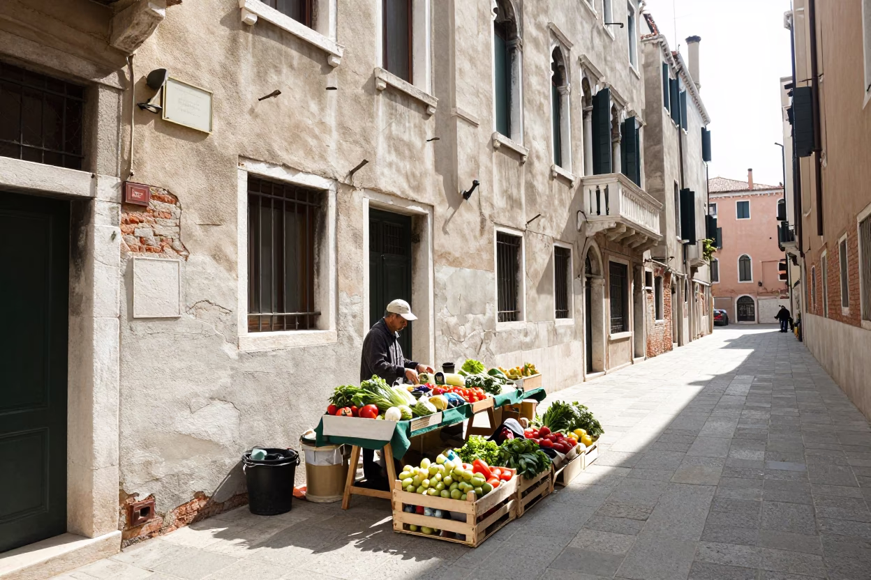 Candid Midmorning Venice Street Scene with Local Market Goods and Historic Architecture in in Venice, Italy