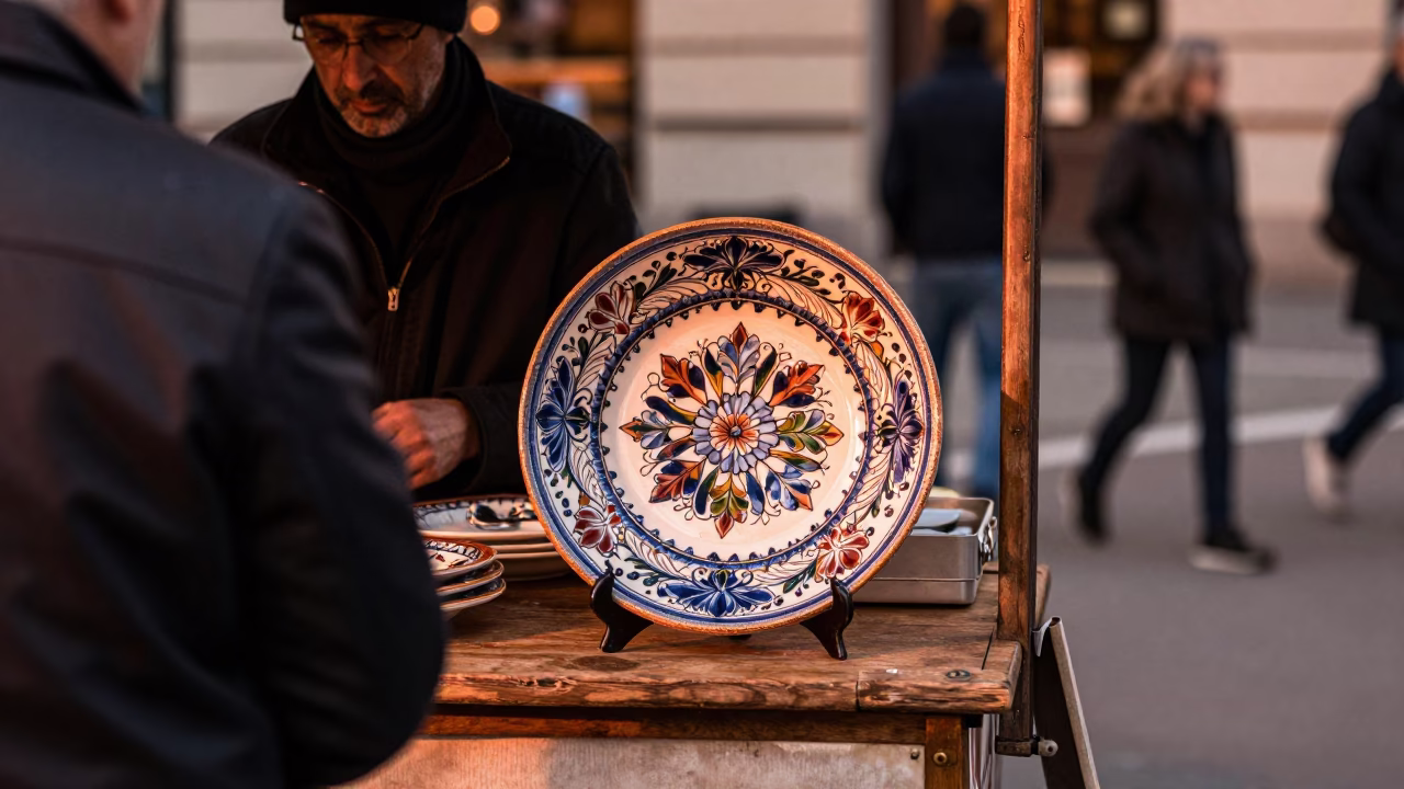 Candid Milan Street Scene with Vintage Majolica Plate in Copper Dusk Light in in Milan, Italy