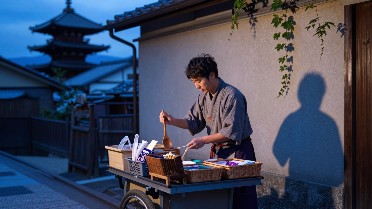 Candid Moment in Kyoto at Blue Hour in in Kyoto, Japan