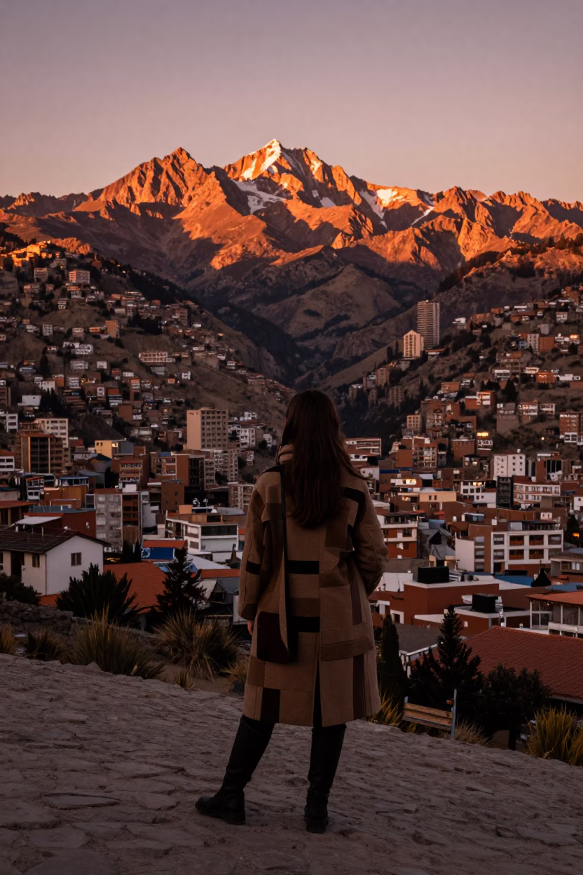 Candid Moment in La Paz at Copper-toned Light Before Dusk in in La Paz, Bolivia