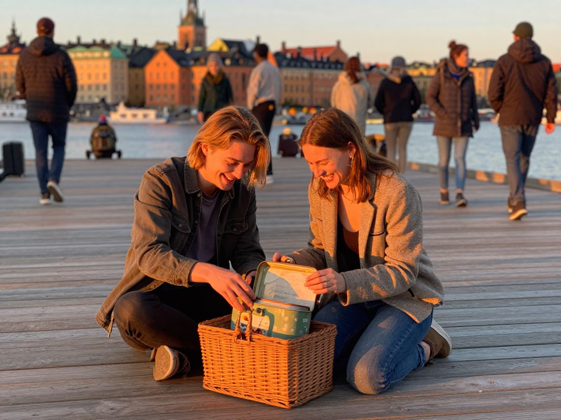 Candid Moment in Stockholm at Honeyed Evening Light in in Stockholm, Sweden