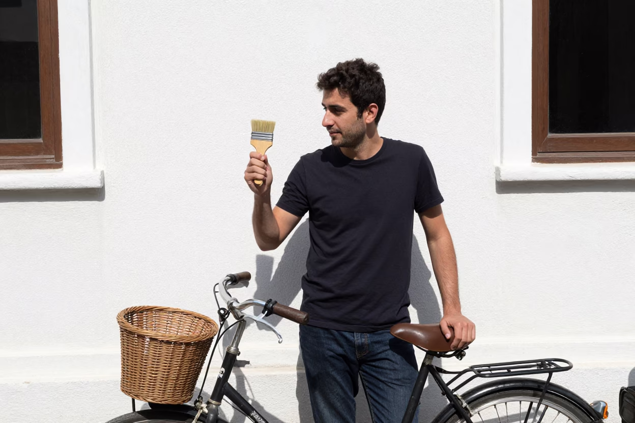 Candid moment with bicycle and pastry brush in sunny Izmir Turkey in in Izmir, Turkey