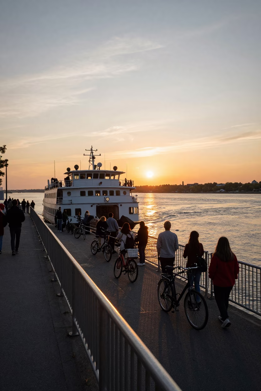 Candid Montreal Street Scene at Sunset with Ferry and Urban Life in in Montreal, Quebec, Canada