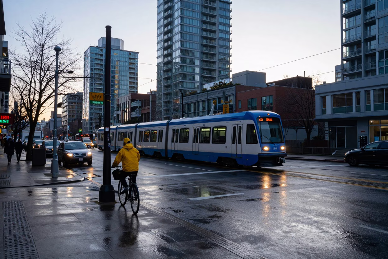 Candid Morning Commute on Vancouver Street Before Sunrise with Tramcar in in Vancouver, British Columbia, Canada