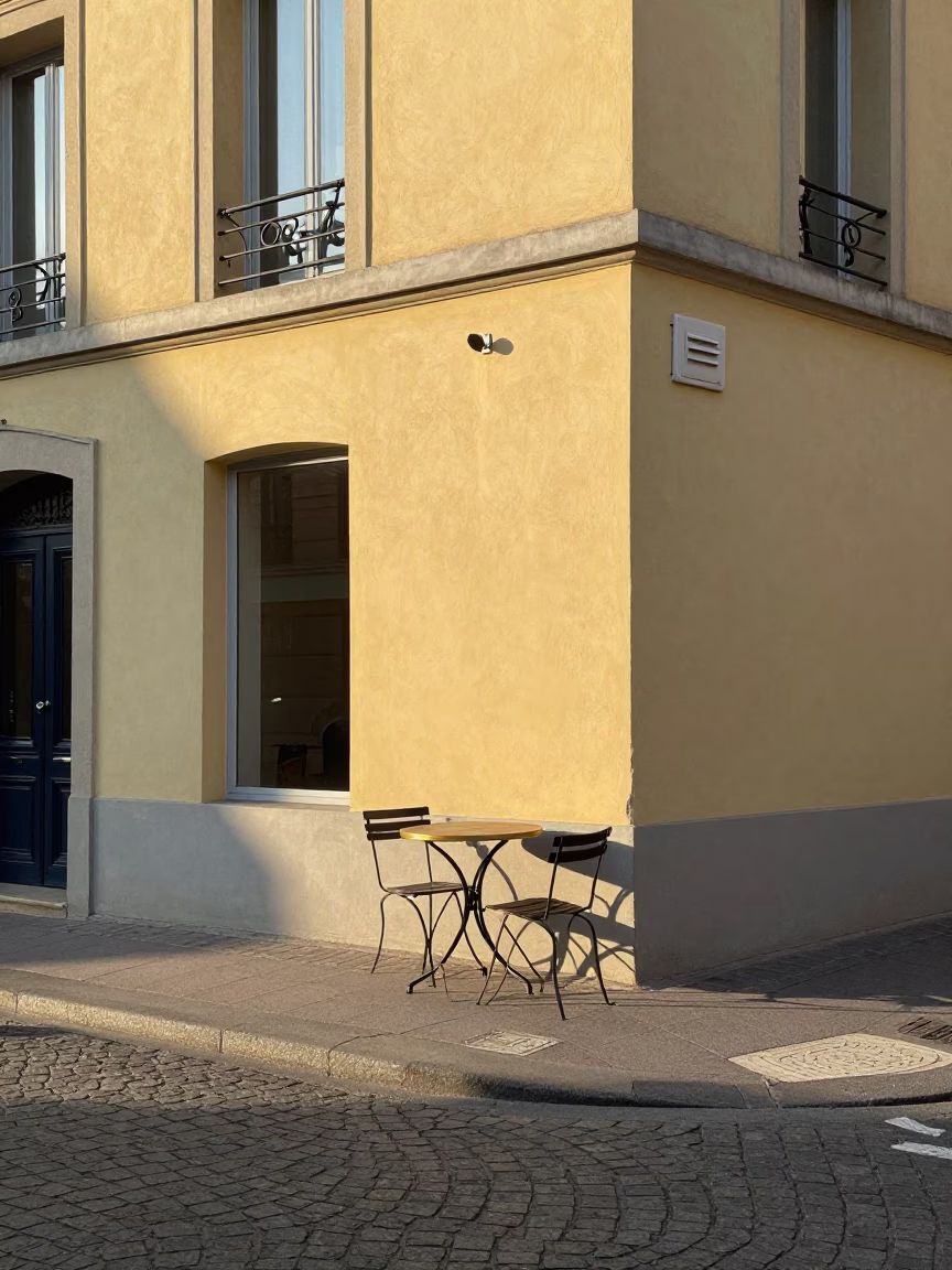 Candid Morning Street Scene in Nice France with Local Café Table and Morning Light in in Nice, France