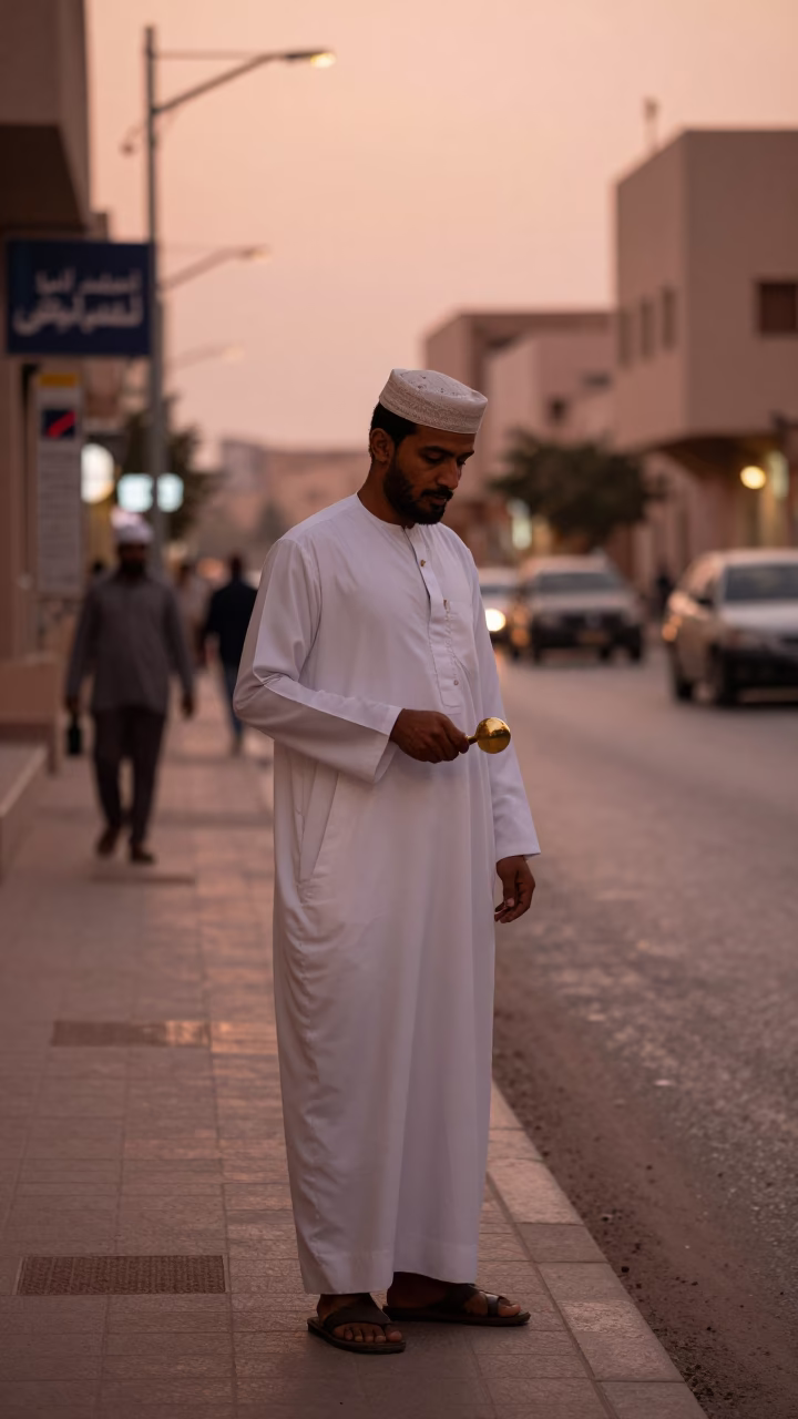 Candid Muscat Street Scene in Copper Dusk Light with Traditional Architecture in in Muscat, Oman