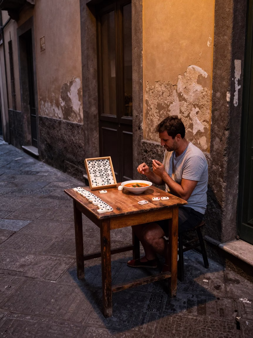 Candid Naples Street Scene with Dominoes and Ribollita Soup in Dusk Light in in Naples, Italy
