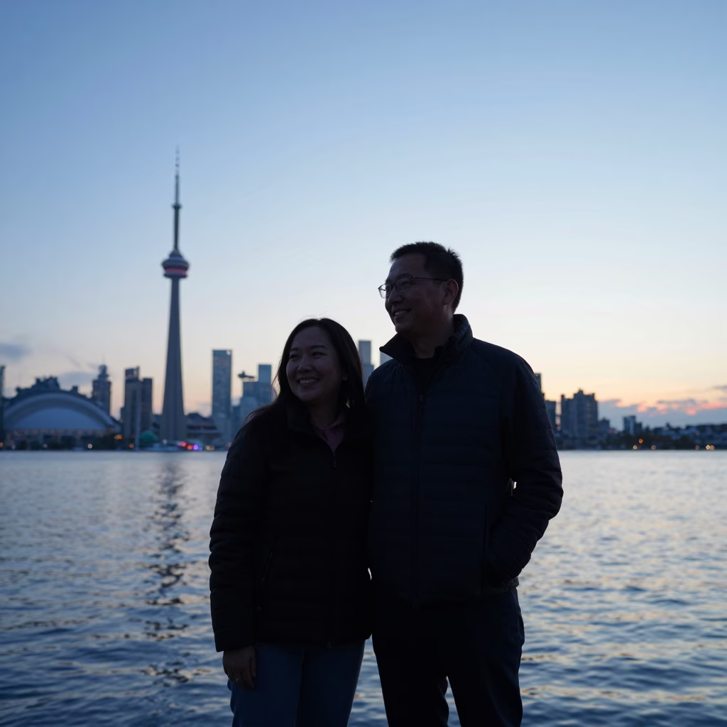 Candid Nautical Dawn Portrait of Smiling Couple with Suitcases at Toronto Harbour Front in in Toronto, Ontario, Canada
