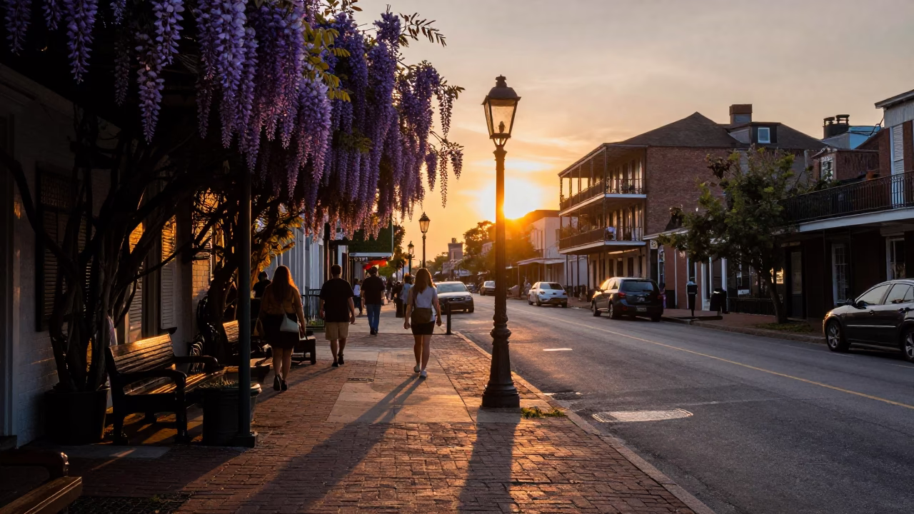 Candid New Orleans Street Scene at Sunset with Wisteria and Local Life in in New Orleans, Louisiana, United States