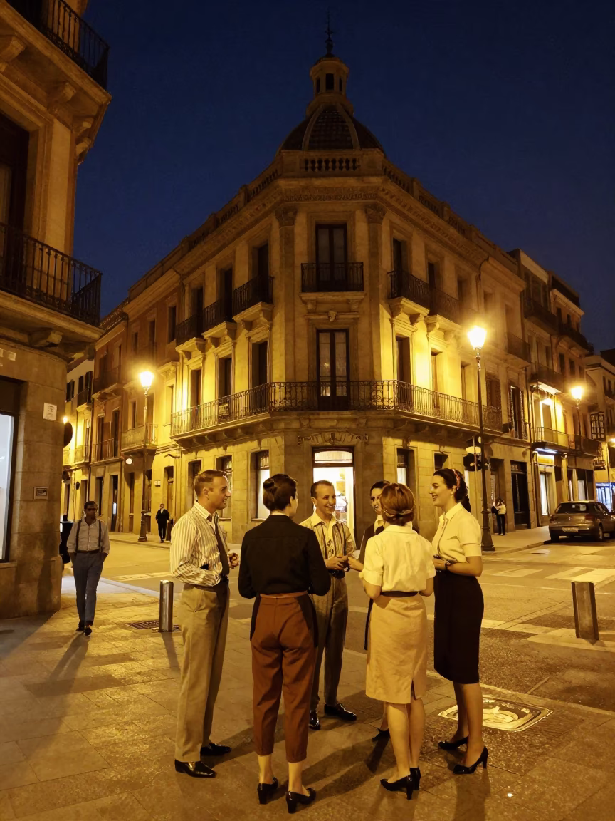Candid Night Scene in Barcelona Spain with Vintage 1960s Street Atmosphere and Local Interaction in in Barcelona, Spain
