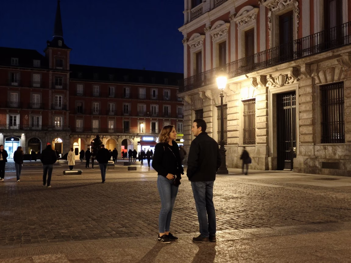 Candid Night Scene in Madrid Spain with Vintage 1960s Aesthetic and Urban Elements in in Madrid, Spain