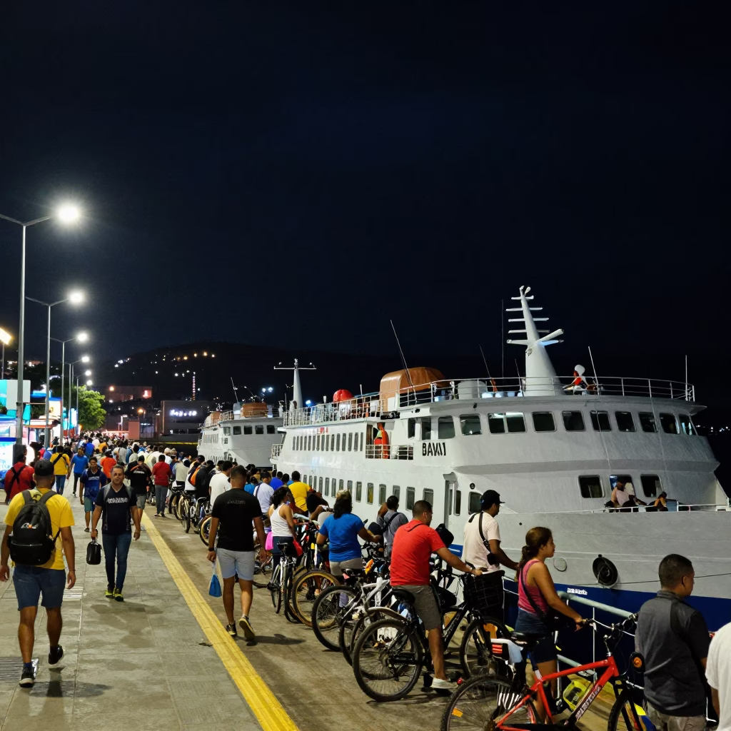 Candid Night Scene in Medellin Colombia with Busy Dock Activity and Ferry Loading Passengers in in Medellin, Colombia