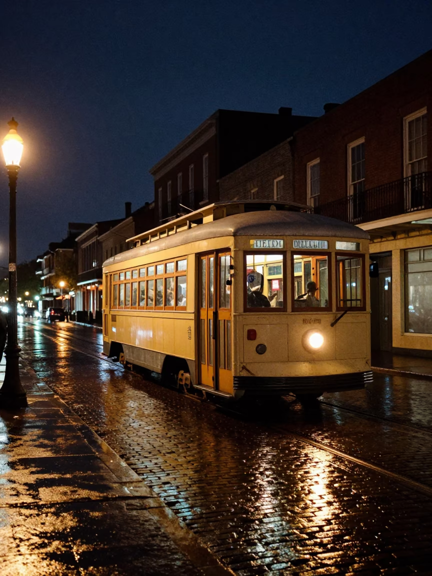 Candid Night Scene of Vintage Heritage Streetcar on Rainy New Orleans Street in in New Orleans, Louisiana, United States