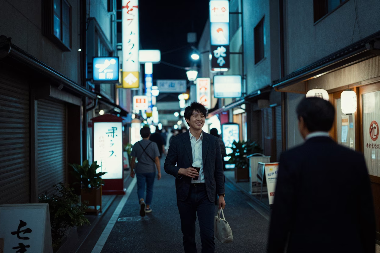Candid Night Street Scene in Osaka Japan with Vintage 1960s Atmosphere and Local Details in in Osaka, Japan