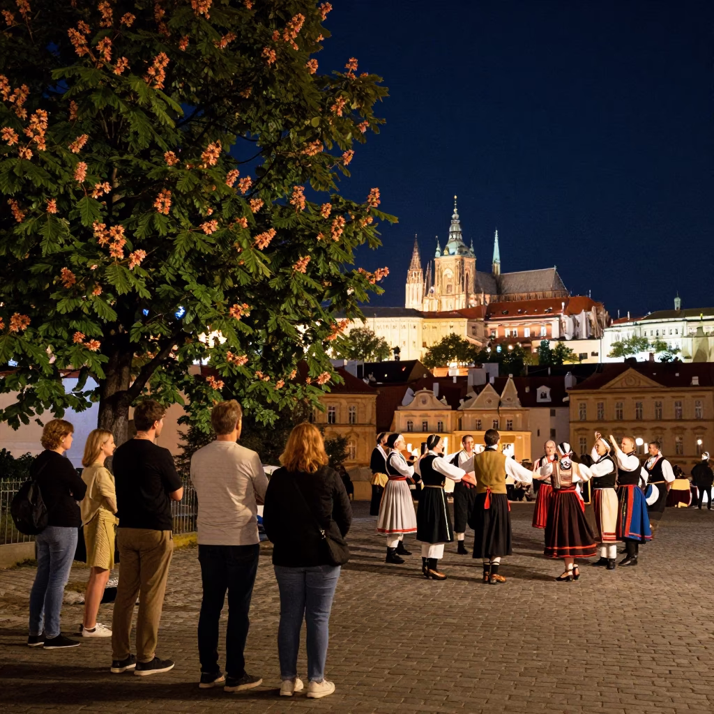 Candid Nighttime Prague Street Scene with Chestnut Tree and Folk Dance Spectators in in Prague, Czech Republic