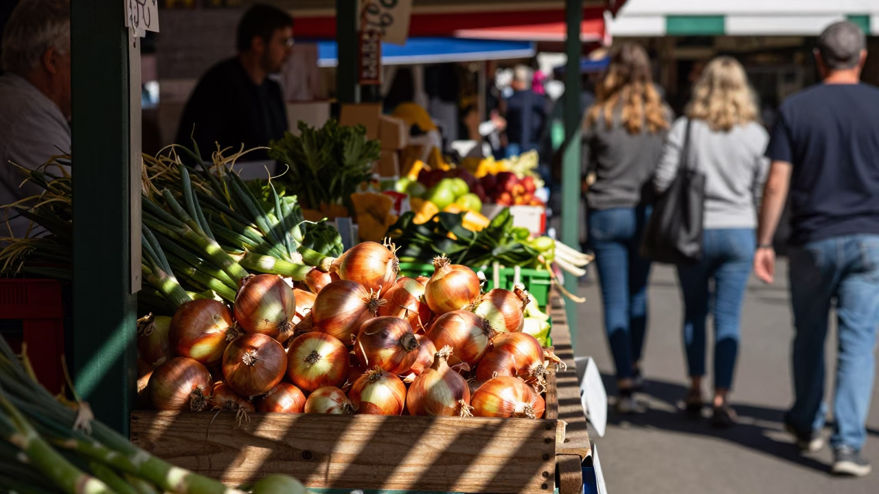 Candid Noon Scene in Hobart Tasmania with Leaf Shadows and Onions on Market Stall in in Hobart, Tasmania, Australia