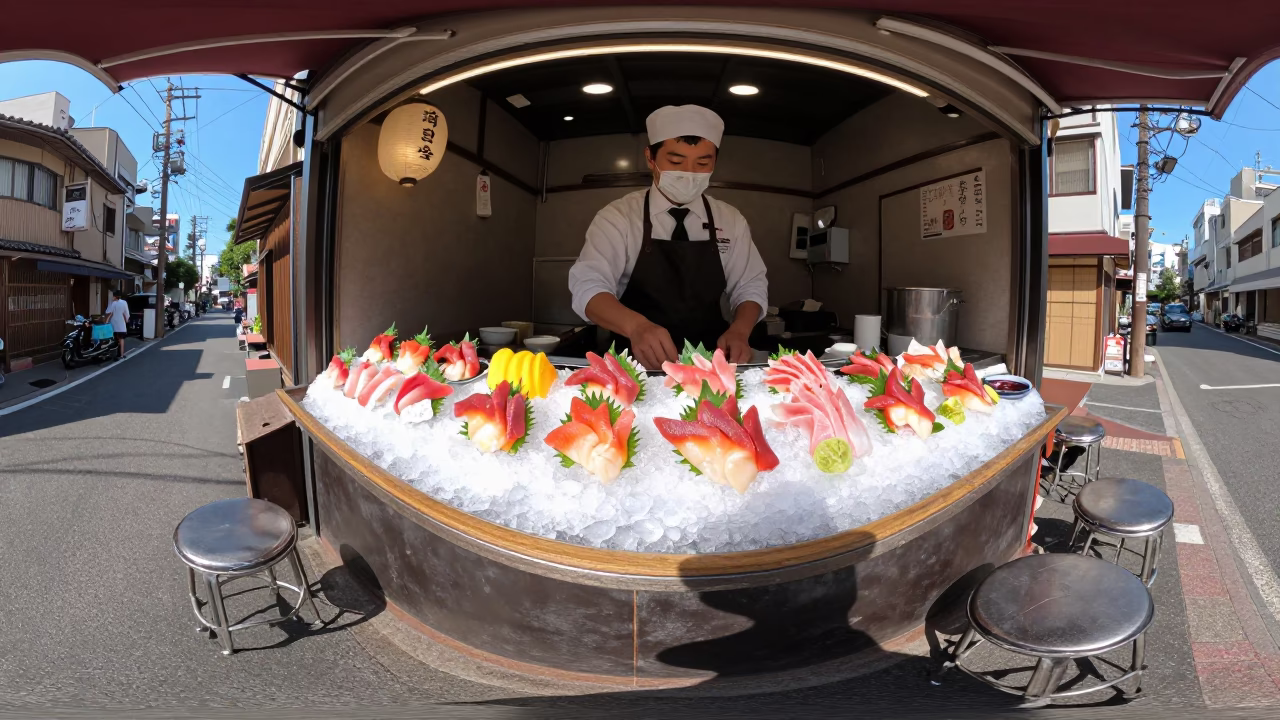 Candid Noon Scene in Tokyo Japan with Sashimi and Steel Stool in in Tokyo, Japan