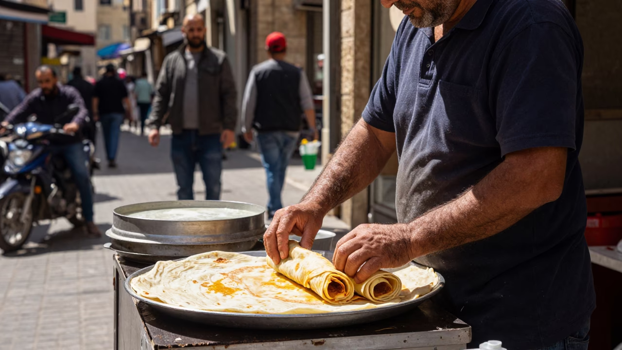 Candid Noon Street Scene in Beirut Lebanon with Rolled Lahmacun and Rattan Chair in in Beirut, Lebanon