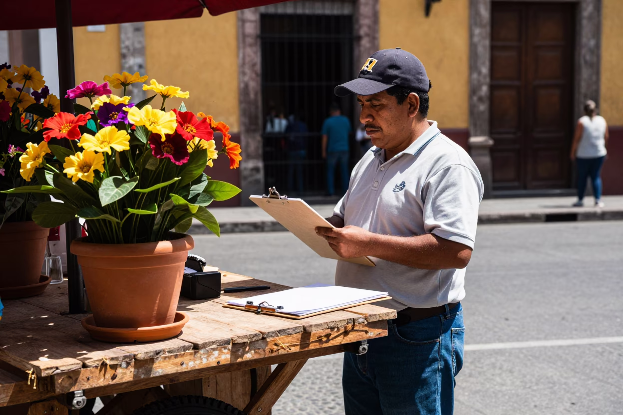 Candid Noon Street Scene in Mexico City with Clipboard and Flowerpot in in Mexico City, Mexico