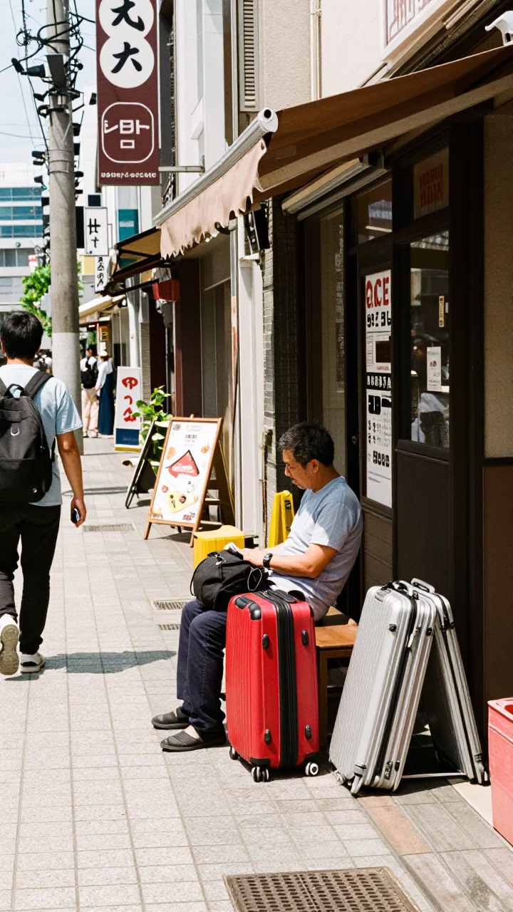 Candid Noon Street Scene in Osaka Japan with Suitcases and Folding Stools in in Osaka, Japan
