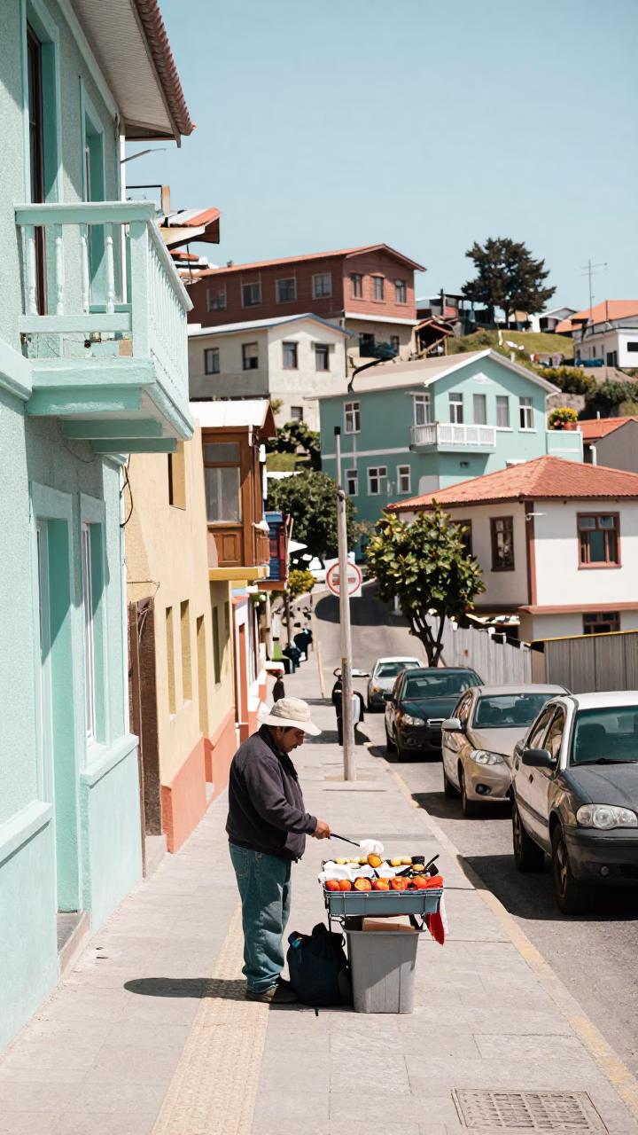Candid Noon Street Scene in Valparaiso Chile with Local Vendor and Wicker Hamper in in Valparaiso, Chile