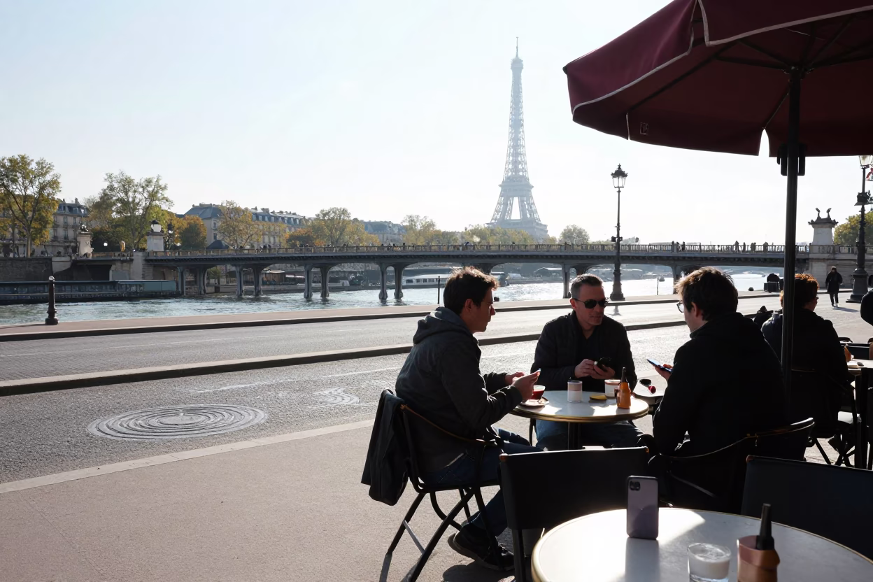 Candid Parisian Morning Street Scene with Water Rings on Countertop in Bright Light in in Paris, France