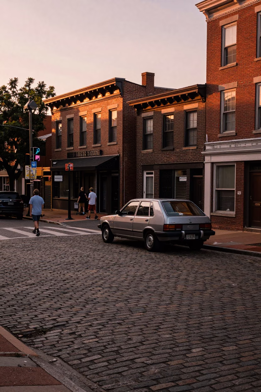 Candid Philadelphia Street Scene in Copper Toned Dusk Light with Vintage 1970s Details in in Philadelphia, Pennsylvania, United States