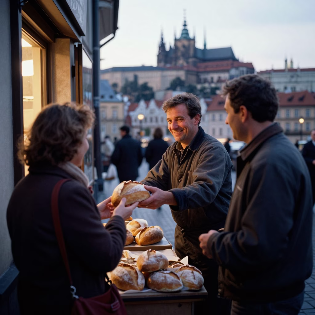 Candid Prague Morning Street Scene at Dawn with Local Breakfast Elements in in Prague, Czech Republic