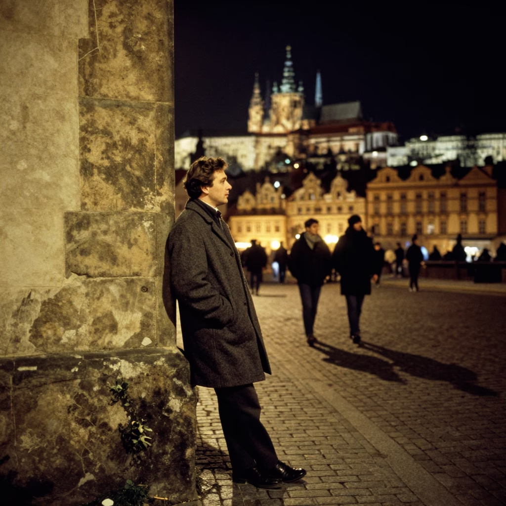 Candid Prague Night Street Scene with Vintage Elements and Local Life in in Prague, Czech Republic