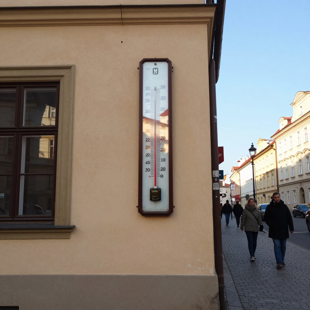 Candid Prague Street Scene Late Afternoon with Thermometer and Vintage Details in in Prague, Czech Republic