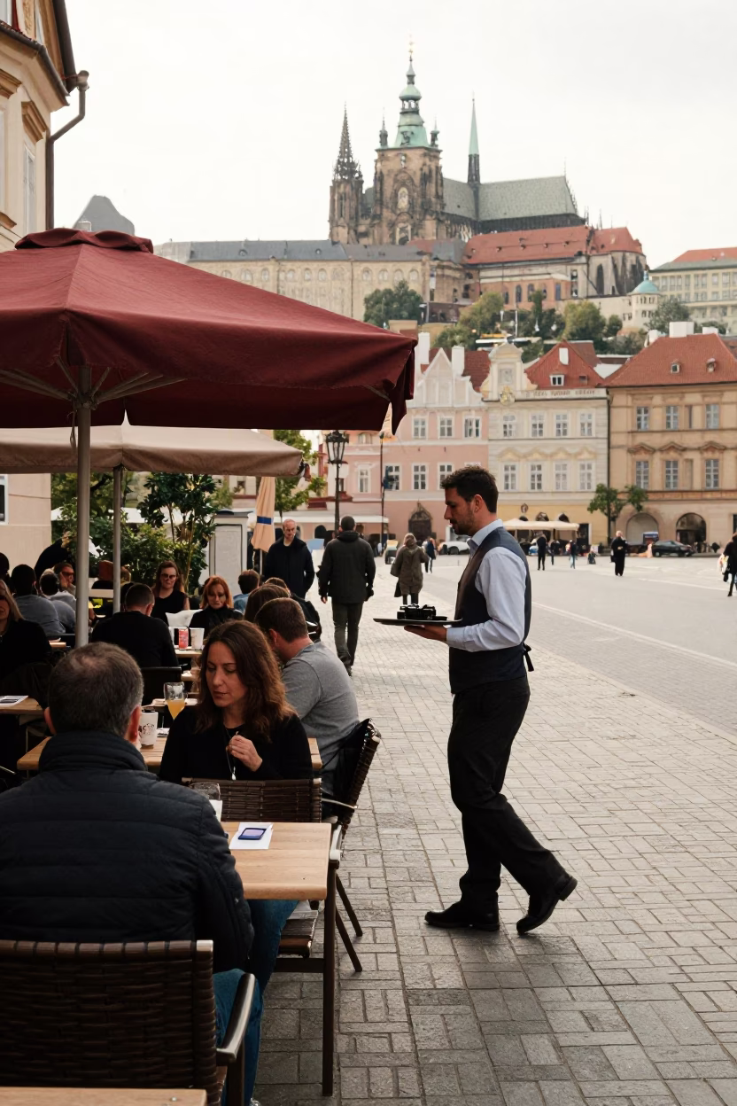 Candid Prague Street Scene Late Morning with Outdoor Cafe Table and Local Details in in Prague, Czech Republic